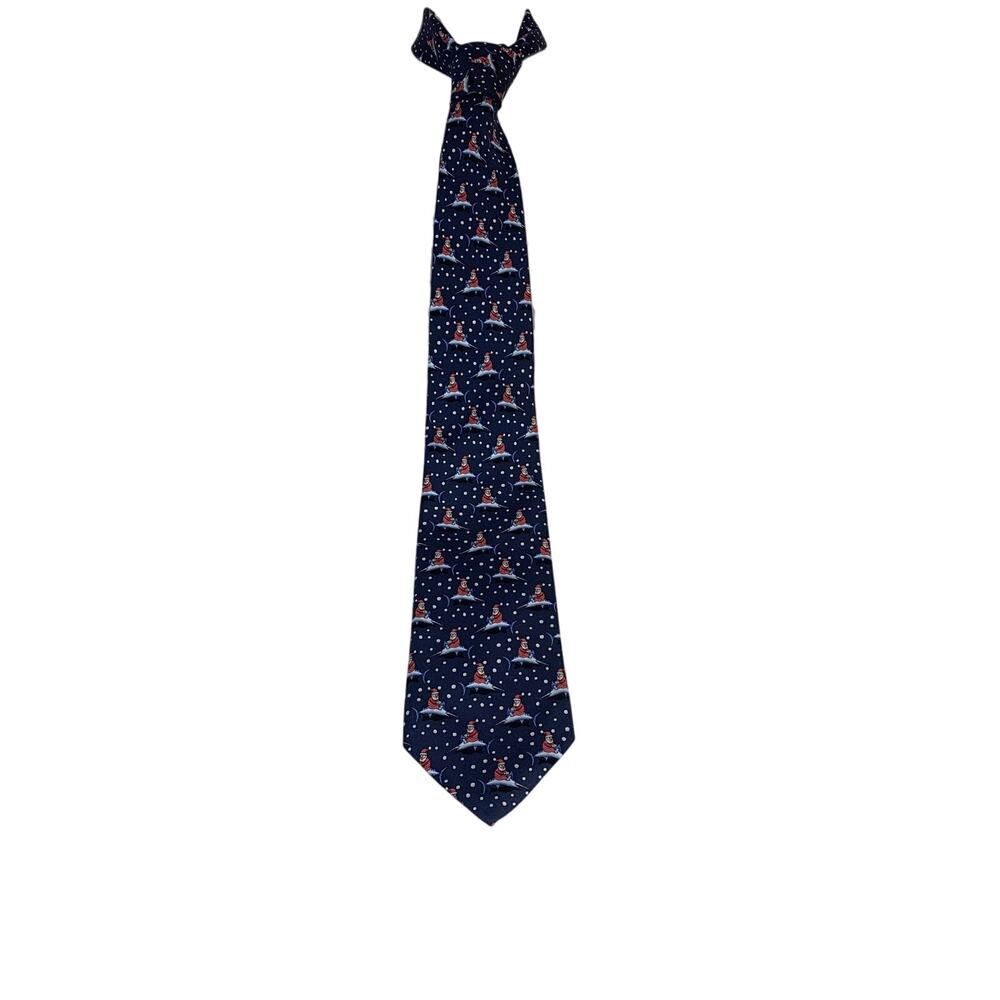 Vineyard Vines Silk Tie Santa Novelty Print Preppy Holiday Navy Blue